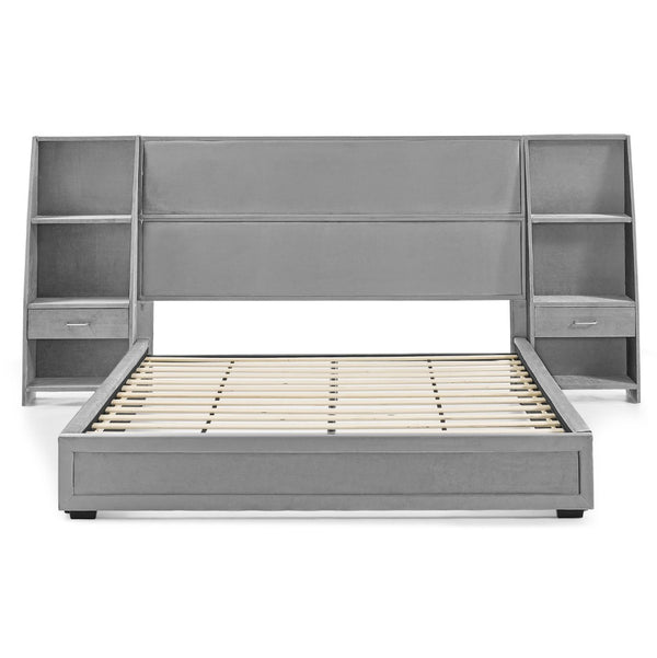 English Elm Queen Platform Bed Glossy Velvet Headboard with Built-in Shelves and Storage Drawers Gray W487S00591