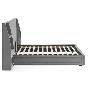English Elm Queen Platform Bed Glossy Velvet Headboard with Built-in Shelves and Storage Drawers Gray W487S00591