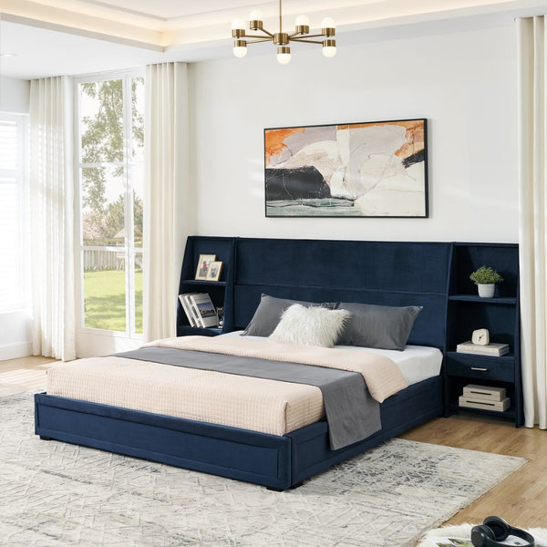 English Elm Queen Platform Bed Glossy Velvet Headboard with Built-in Shelves and Storage Drawers Dark Blue W487S00592