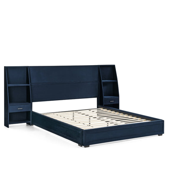 English Elm Queen Platform Bed Glossy Velvet Headboard with Built-in Shelves and Storage Drawers Dark Blue W487S00592