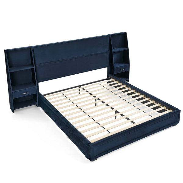 English Elm Queen Platform Bed Glossy Velvet Headboard with Built-in Shelves and Storage Drawers Dark Blue W487S00592
