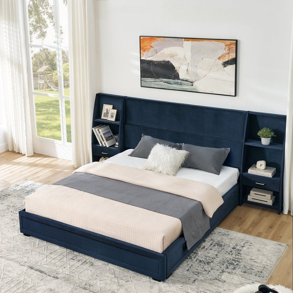 English Elm Queen Platform Bed Glossy Velvet Headboard with Built-in Shelves and Storage Drawers Dark Blue W487S00592