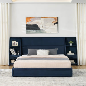 English Elm Queen Platform Bed Glossy Velvet Headboard with Built-in Shelves and Storage Drawers Dark Blue W487S00592