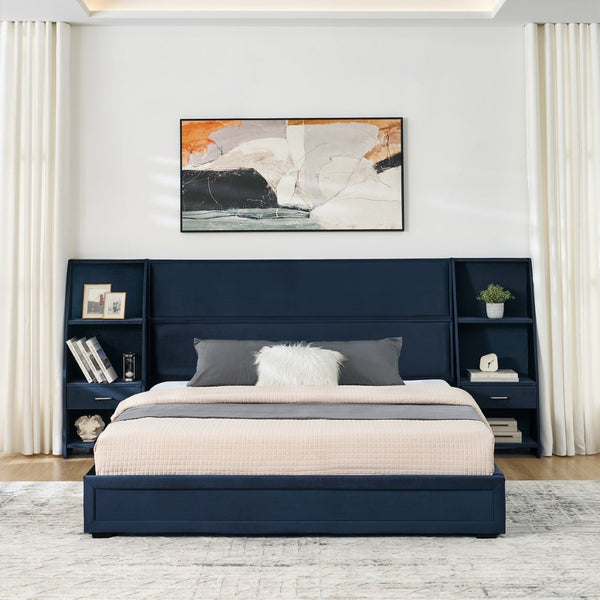 English Elm Queen Platform Bed Glossy Velvet Headboard with Built-in Shelves and Storage Drawers Dark Blue W487S00592