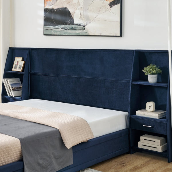 English Elm Queen Platform Bed Glossy Velvet Headboard with Built-in Shelves and Storage Drawers Dark Blue W487S00592