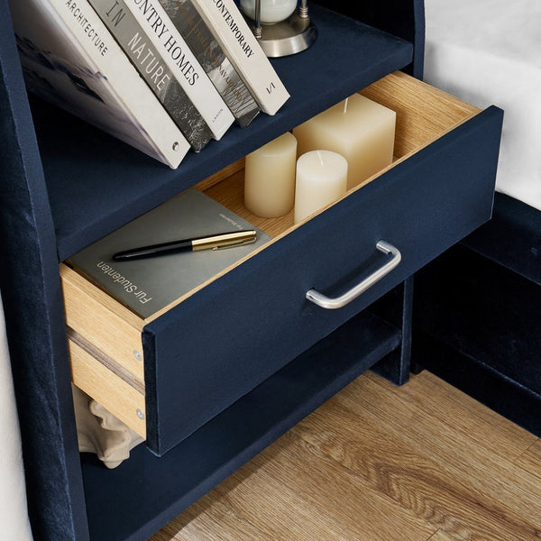 English Elm Queen Platform Bed Glossy Velvet Headboard with Built-in Shelves and Storage Drawers Dark Blue W487S00592
