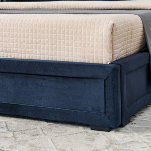 English Elm Queen Platform Bed Glossy Velvet Headboard with Built-in Shelves and Storage Drawers Dark Blue W487S00592