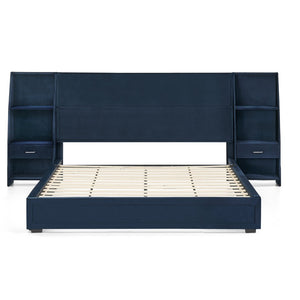 English Elm Queen Platform Bed Glossy Velvet Headboard with Built-in Shelves and Storage Drawers Dark Blue W487S00592