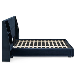 English Elm Queen Platform Bed Glossy Velvet Headboard with Built-in Shelves and Storage Drawers Dark Blue W487S00592
