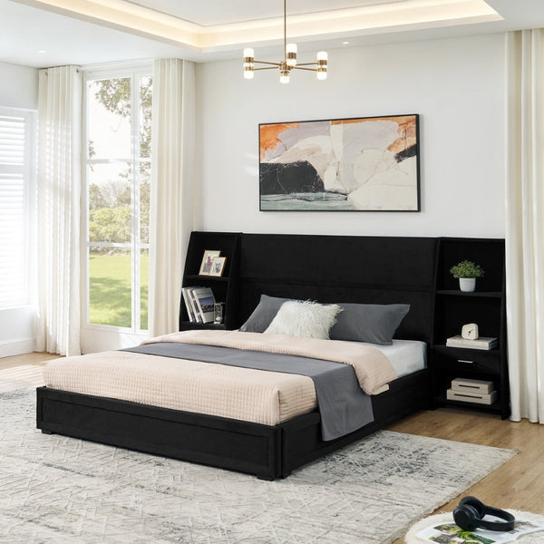 English Elm Queen Platform Bed Glossy Velvet Headboard with Built-in Shelves and Storage Drawers Black W487S00593