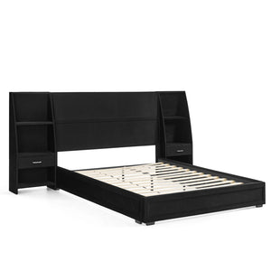 English Elm Queen Platform Bed Glossy Velvet Headboard with Built-in Shelves and Storage Drawers Black W487S00593