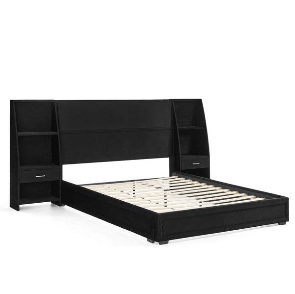 English Elm Queen Platform Bed Glossy Velvet Headboard with Built-in Shelves and Storage Drawers Black W487S00593