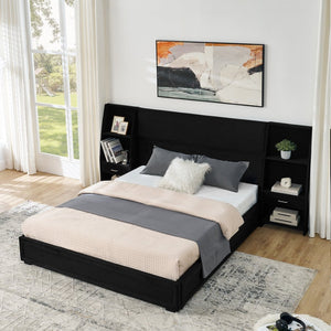 English Elm Queen Platform Bed Glossy Velvet Headboard with Built-in Shelves and Storage Drawers Black W487S00593