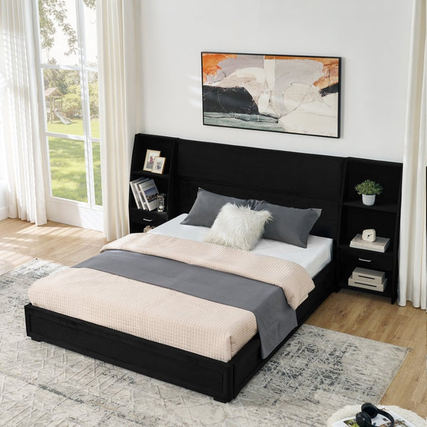 English Elm Queen Platform Bed Glossy Velvet Headboard with Built-in Shelves and Storage Drawers Black W487S00593