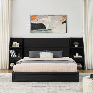 English Elm Queen Platform Bed Glossy Velvet Headboard with Built-in Shelves and Storage Drawers Black W487S00593
