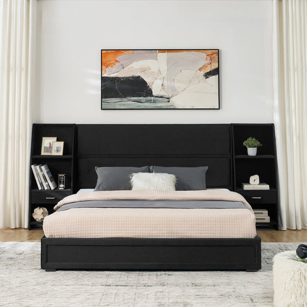 English Elm Queen Platform Bed Glossy Velvet Headboard with Built-in Shelves and Storage Drawers Black W487S00593