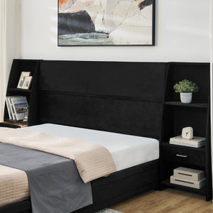 English Elm Queen Platform Bed Glossy Velvet Headboard with Built-in Shelves and Storage Drawers Black W487S00593