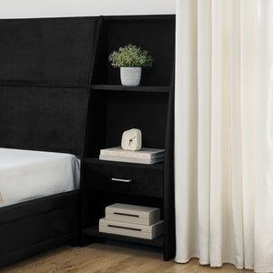 English Elm Queen Platform Bed Glossy Velvet Headboard with Built-in Shelves and Storage Drawers Black W487S00593