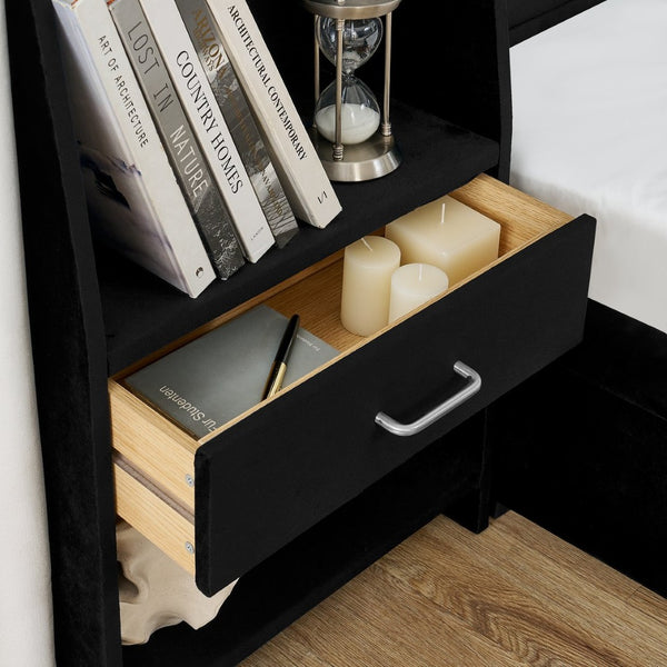 English Elm Queen Platform Bed Glossy Velvet Headboard with Built-in Shelves and Storage Drawers Black W487S00593