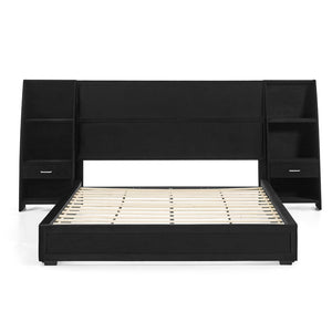 English Elm Queen Platform Bed Glossy Velvet Headboard with Built-in Shelves and Storage Drawers Black W487S00593