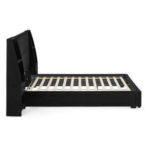 English Elm Queen Platform Bed Glossy Velvet Headboard with Built-in Shelves and Storage Drawers Black W487S00593