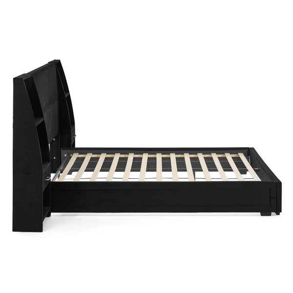 English Elm Queen Platform Bed Glossy Velvet Headboard with Built-in Shelves and Storage Drawers Black W487S00593