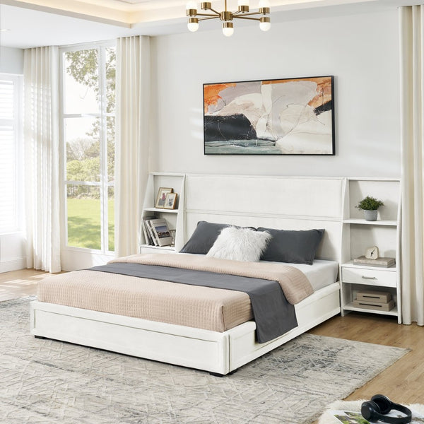 English Elm Queen Platform Bed Glossy Velvet Headboard with Built-in Shelves and Storage Drawers Beige W487S00594