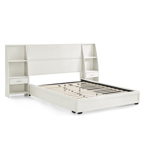 English Elm Queen Platform Bed Glossy Velvet Headboard with Built-in Shelves and Storage Drawers Beige W487S00594