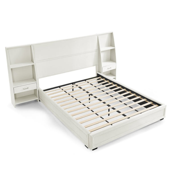 English Elm Queen Platform Bed Glossy Velvet Headboard with Built-in Shelves and Storage Drawers Beige W487S00594