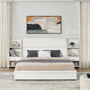 English Elm Queen Platform Bed Glossy Velvet Headboard with Built-in Shelves and Storage Drawers Beige W487S00594
