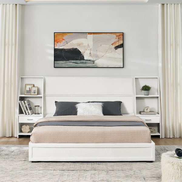 English Elm Queen Platform Bed Glossy Velvet Headboard with Built-in Shelves and Storage Drawers Beige W487S00594