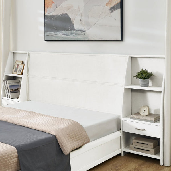 English Elm Queen Platform Bed Glossy Velvet Headboard with Built-in Shelves and Storage Drawers Beige W487S00594