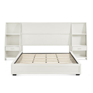 English Elm Queen Platform Bed Glossy Velvet Headboard with Built-in Shelves and Storage Drawers Beige W487S00594