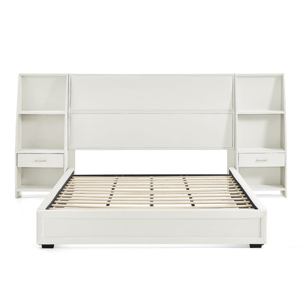 English Elm Queen Platform Bed Glossy Velvet Headboard with Built-in Shelves and Storage Drawers Beige W487S00594