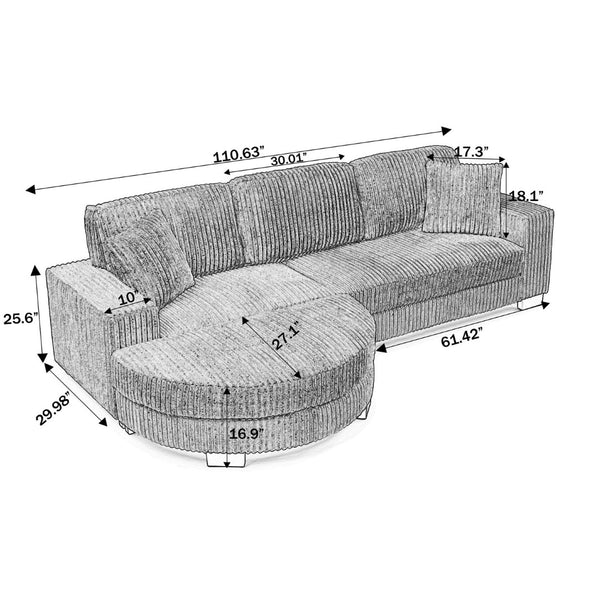 English Elm Corduroy Tufted Sectional Sofa with Convertible L Shaped Chaise and Arc Footstool Grey W487S00595