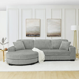 English Elm Corduroy Tufted Sectional Sofa with Convertible L Shaped Chaise and Arc Footstool Grey W487S00595