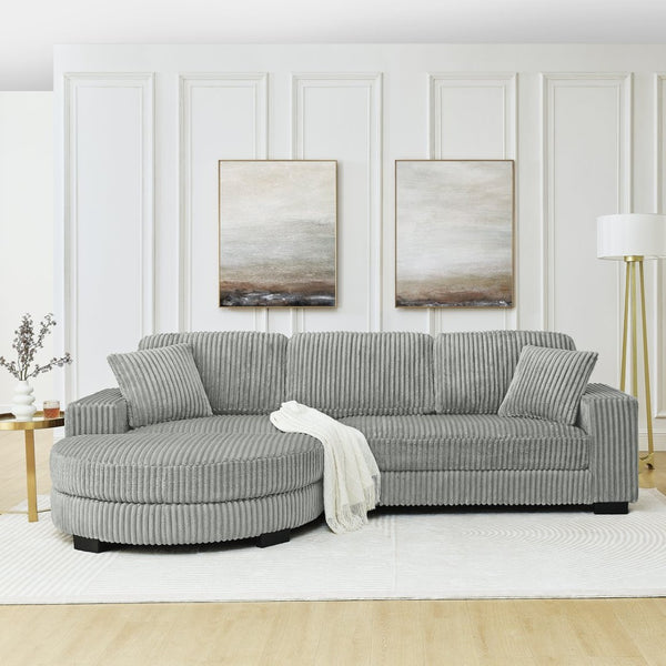 English Elm Corduroy Tufted Sectional Sofa with Convertible L Shaped Chaise and Arc Footstool Grey W487S00595