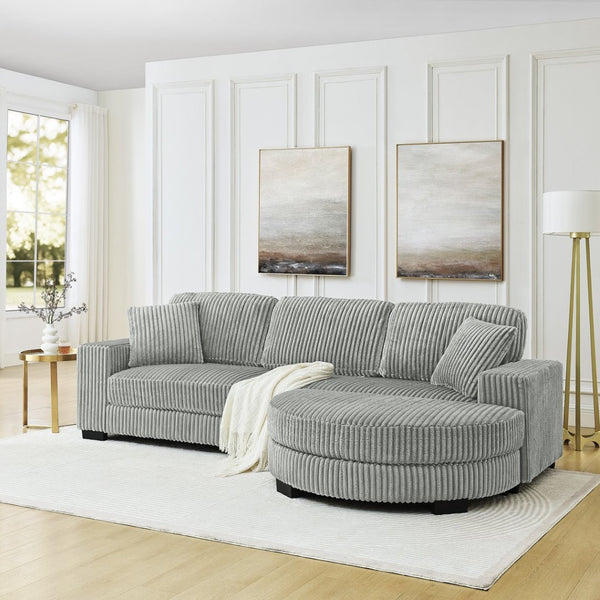 English Elm Corduroy Tufted Sectional Sofa with Convertible L Shaped Chaise and Arc Footstool Grey W487S00595