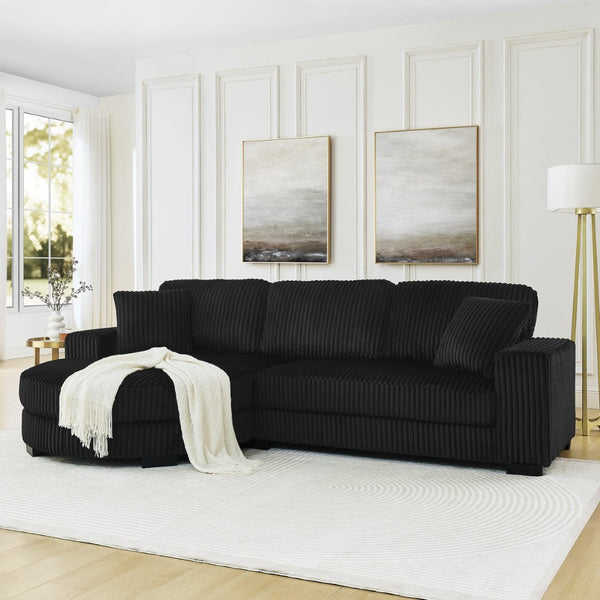 English Elm Corduroy Tufted Sectional Sofa with Convertible L Shaped Chaise and Arc Footstool Black W487S00596