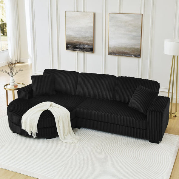 English Elm Corduroy Tufted Sectional Sofa with Convertible L Shaped Chaise and Arc Footstool Black W487S00596