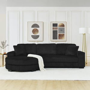 English Elm Corduroy Tufted Sectional Sofa with Convertible L Shaped Chaise and Arc Footstool Black W487S00596