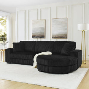 English Elm Corduroy Tufted Sectional Sofa with Convertible L Shaped Chaise and Arc Footstool Black W487S00596