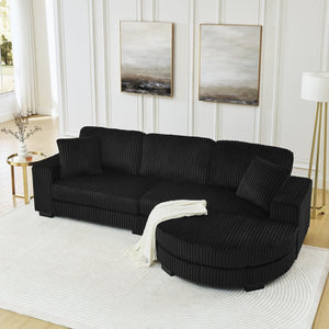 English Elm Corduroy Tufted Sectional Sofa with Convertible L Shaped Chaise and Arc Footstool Black W487S00596