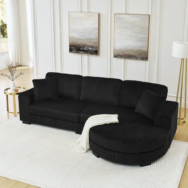 English Elm Corduroy Tufted Sectional Sofa with Convertible L Shaped Chaise and Arc Footstool Black W487S00596