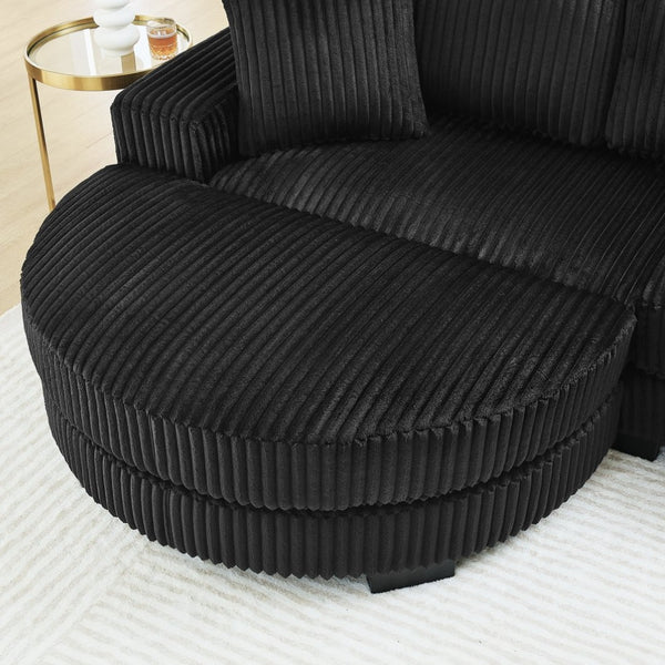 English Elm Corduroy Tufted Sectional Sofa with Convertible L Shaped Chaise and Arc Footstool Black W487S00596