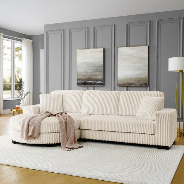 English Elm Corduroy Tufted Sectional Sofa with Convertible L Shaped Chaise and Arc Footstool Beige W487S00597