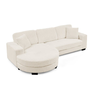 English Elm Corduroy Tufted Sectional Sofa with Convertible L Shaped Chaise and Arc Footstool Beige W487S00597