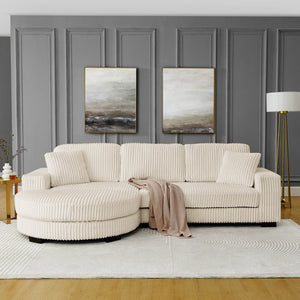 English Elm Corduroy Tufted Sectional Sofa with Convertible L Shaped Chaise and Arc Footstool Beige W487S00597