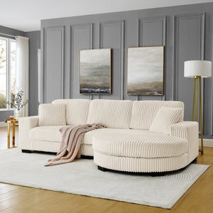 English Elm Corduroy Tufted Sectional Sofa with Convertible L Shaped Chaise and Arc Footstool Beige W487S00597