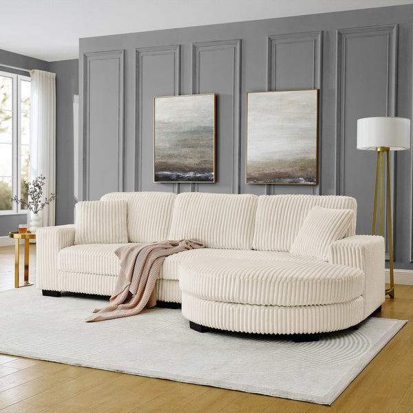 English Elm Corduroy Tufted Sectional Sofa with Convertible L Shaped Chaise and Arc Footstool Beige W487S00597